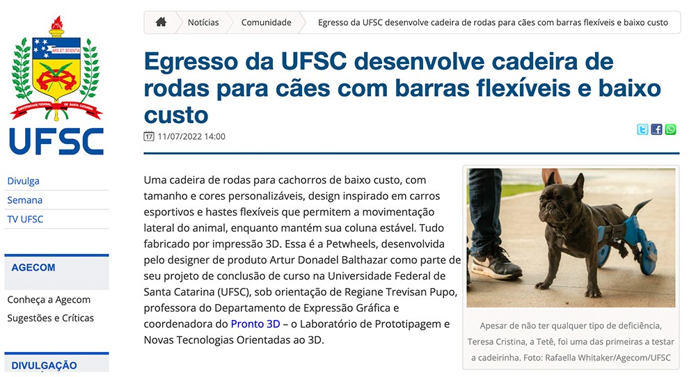 UFSC news article about the Petwheels dog wheelchair